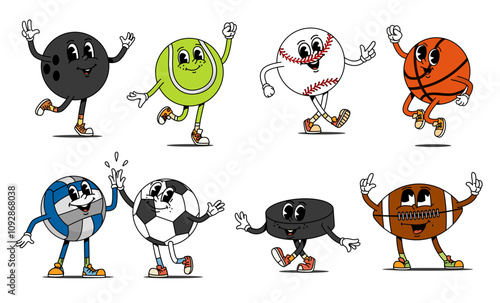 Cartoon retro groovy sport ball characters. Vector psychedelic basketball, volleyball, tennis, soccer or football, baseball, rugby, bowling balls and ice hockey puck. Groovy team sport item characters