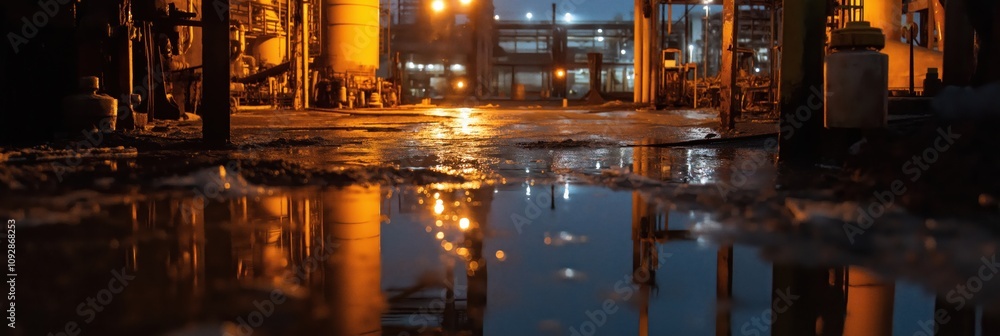 A moody urban nightscape featuring wet pavement reflecting lights from nearby industrial structures, creating an atmosphere of mystery and industrial elegance. A moody urban nightscape featuring wet pavement reflecting lights from nearby industrial structures, creating an atmosphere of mystery and industrial elegance.