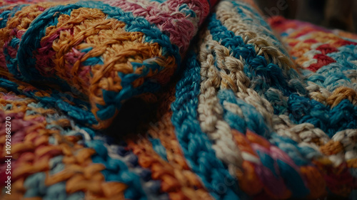 Kino Closeup of a colorful knitted patchwork blank fiber old fashioned stretching embroidery homemade connection folded lifestyles,