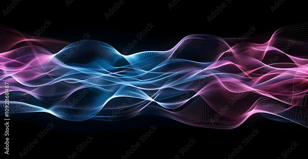 Fototapeta premium Abstract digital technology background with blue and pink glowing light, a complex network of lines and nodes forming an abstract wave pattern on a dark black backdrop.