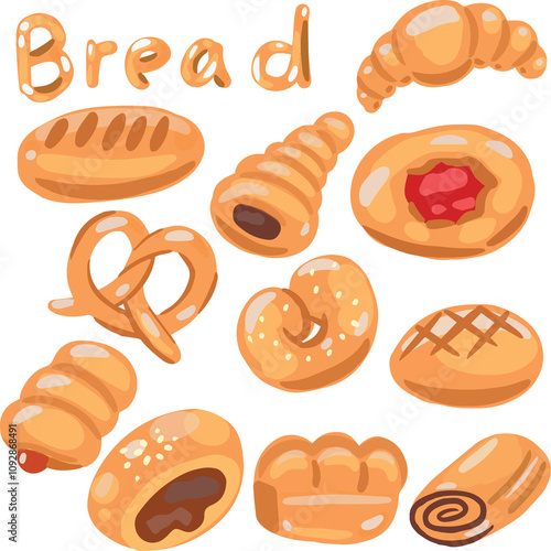 Fresh Bread Flat Hand draw Icons Set of bread on a white background