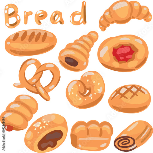 Fresh Bread Flat  Hand draw Icons Set of bread on a white background