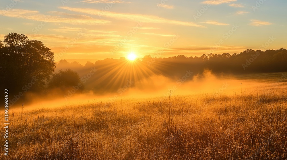 Golden sunrise over a misty field with blooming wildflowers and trees in a serene landscape. Generative AI Golden sunrise over a misty field with blooming wildflowers and trees in a serene landscape. Generative AI