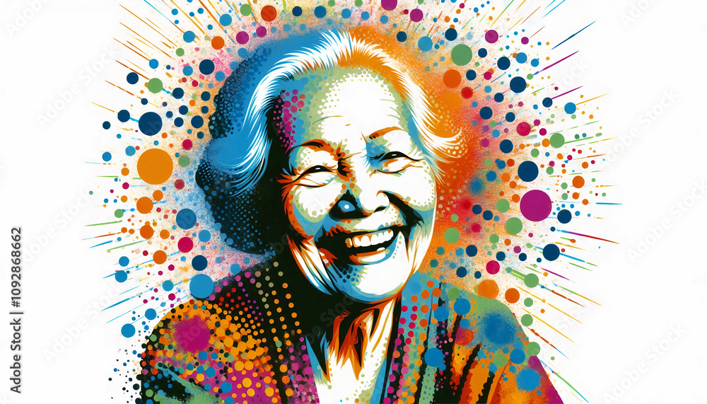 Elderly woman with vibrant splashes of color surrounding her, smiling joyfully, symbolizing wisdom and positivity in dynamic artwork Elderly woman with vibrant splashes of color surrounding her, smiling joyfully, symbolizing wisdom and positivity in dynamic artwork