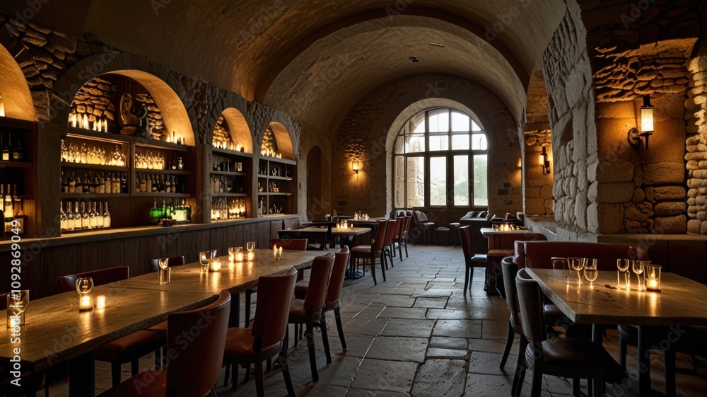 Here's a possible and keyword list for your image.. _Elegant stone cellar restaurant with arched alcoves, wine shelves, and candlelit tables._ Here's a possible and keyword list for your image.. _Elegant stone cellar restaurant with arched alcoves, wine shelves, and candlelit tables._