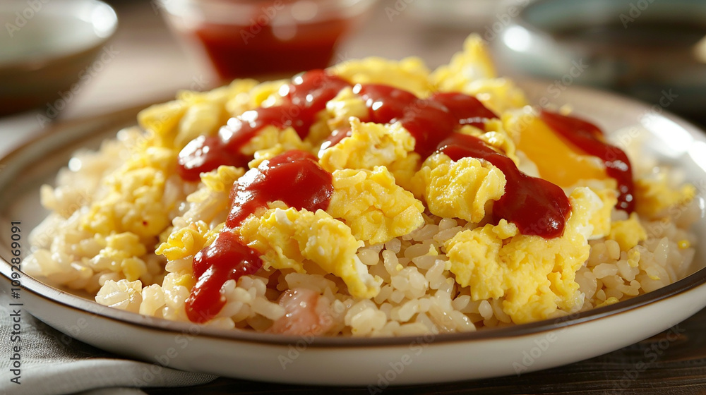 A plate of savory omurice, with fluffy scrambled eggs served over fried rice, flavored with ketchup and topped with additional ketchup or demi-glace sauce for a tasty finishing touch. A plate of savory omurice, with fluffy scrambled eggs served over fried rice, flavored with ketchup and topped with additional ketchup or demi-glace sauce for a tasty finishing touch.