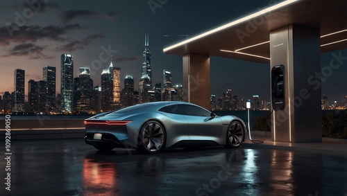 Futuristic Elegance: A Sleek Electric Car at Sunset in the City