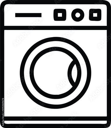 Washing Machine Icon in Minimalist Line Art, Black-and-white vector illustration of a front-loading washing machine with a clean, minimalistic design, symbolizing modern home appliances and laundry so