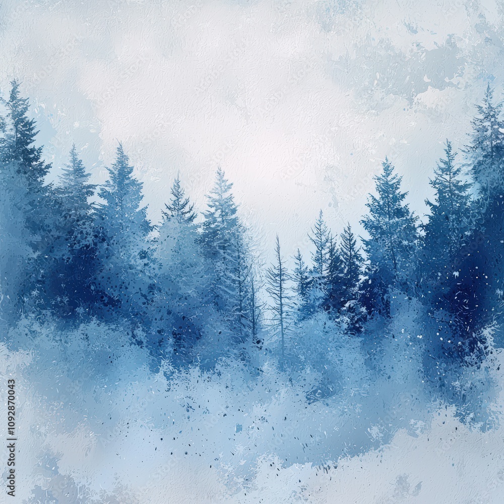 Serene winter landscape with blue-hued trees. Serene winter landscape with blue-hued trees.