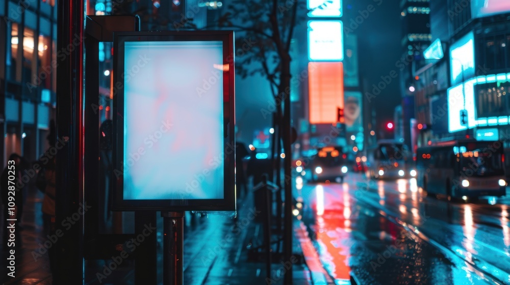 A rainy urban scene at night, featuring a blank advertisement and vibrant city lights. A rainy urban scene at night, featuring a blank advertisement and vibrant city lights.