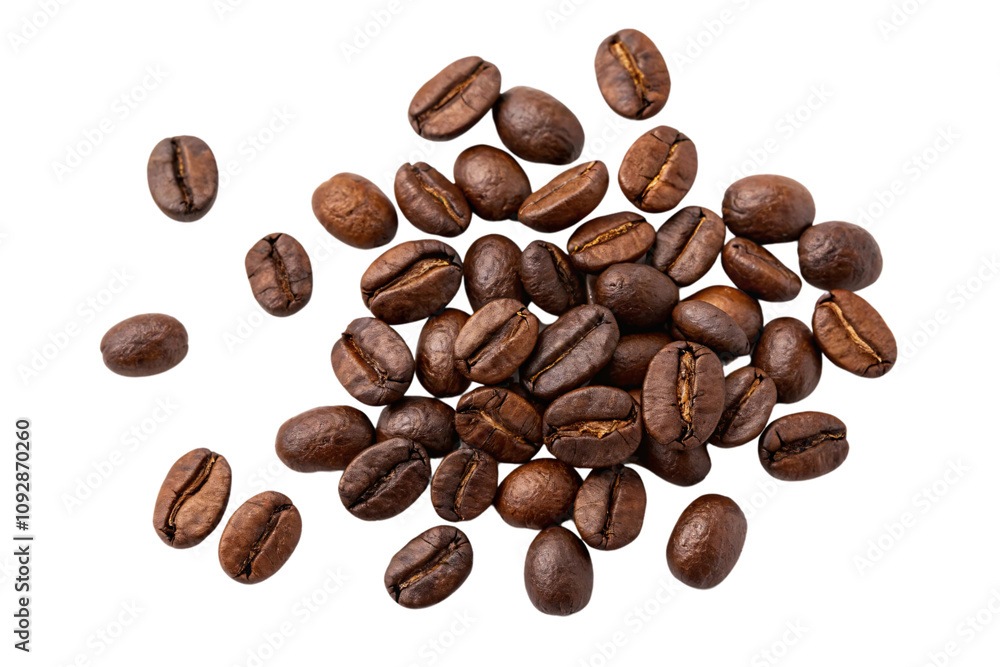 Naklejka premium A close-up of aromatic roasted coffee beans in rich brown hues, highlighting their glossy textures and natural grooves, set against a transparent background