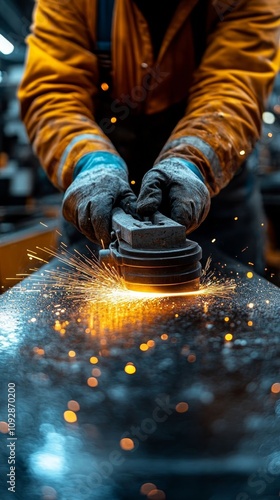 A worker polishes metal with sparks flying.