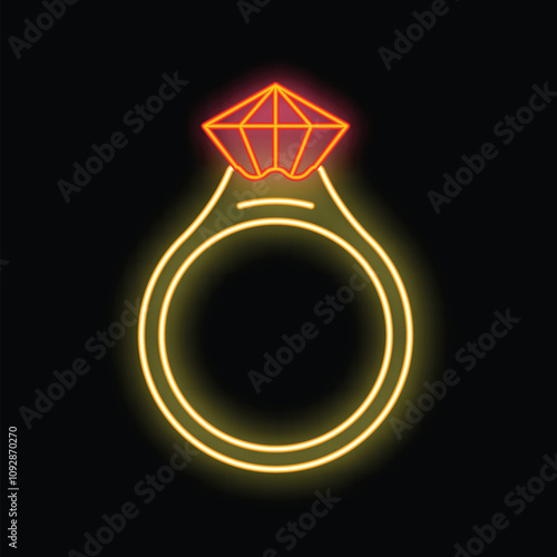 Neon sign showing an engagement ring with a big diamond glowing on a dark background