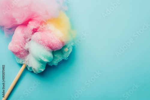 A pastel-colored cotton candy stick featuring pink, blue, and yellow hues on a soft blue background, perfect for festive or nostalgic settings.