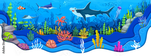 Paper cut underwater landscape with cartoon sea animal characters and seaweeds, vector background. Ocean undersea fishes in paper cut water, shark with marlin and stingray, funny octopus and clownfish