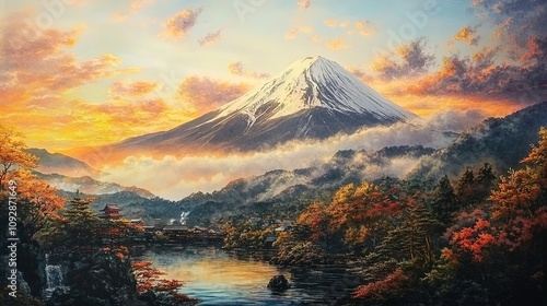 Gunung Fuji, lambang ikonik Jepang, selama musim dedaunan musim gugur, periode beauty.kawaguchiko luar biasa, jepang.  photo