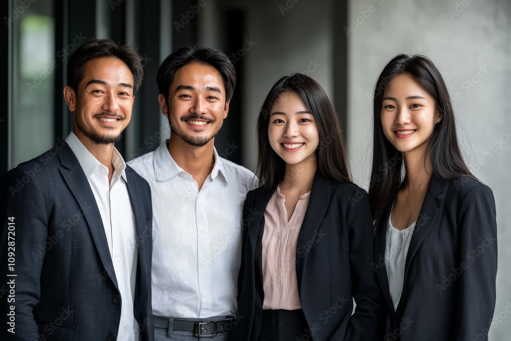 Obraz premium A group of four smiling individuals dressed in business attire, standing close together, indicating camaraderie and teamwork in a professional environment.
