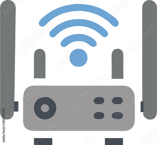 Dual Antenna Wireless Router with Signal Waves, Flat vector illustration of a wireless router with dual antennas, blue signal waves, and a control panel, symbolizing reliable internet connectivity.
