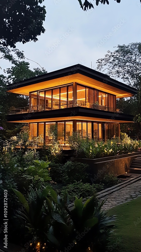 Fototapeta premium Elegant solar-powered villa, ambient lights accentuating eco-friendly architecture, nature thriving around