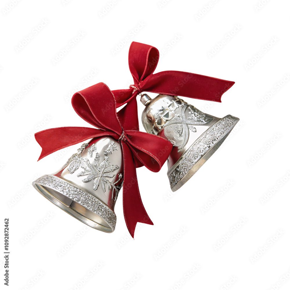 A pair of ornate silver bells with engraved snowflake designs, bound by lush red satin bows, conveying festive elegance, set against a transparent background A pair of ornate silver bells with engraved snowflake designs, bound by lush red satin bows, conveying festive elegance, set against a transparent background