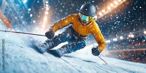 Male skier in yellow jacket speeds down snowy slope during night competition.