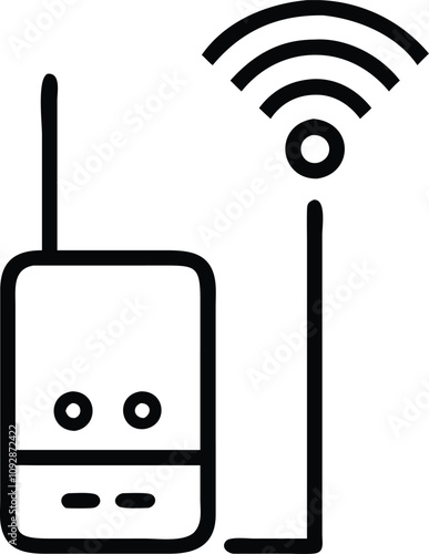 Vertical Wireless Router with Signal Icon, Black-and-white vector illustration of a vertical wireless router with a single antenna and signal waves, representing compact internet connectivity.
