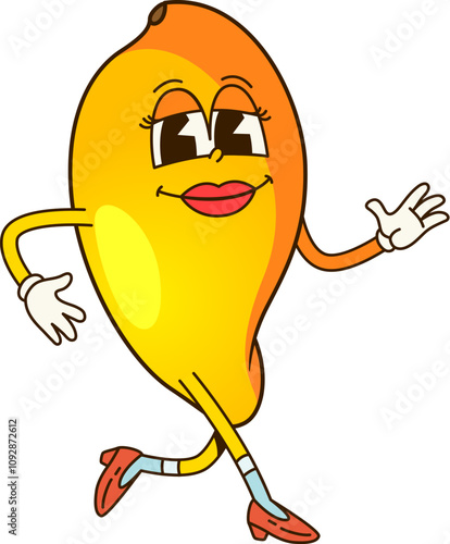 Cartoon retro groovy mango fruit character. Isolated vector cheerful, fun and playful feminine tropical fruit personage walking confidently with a happy face expression, red lips and heeled shoes