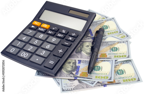 USD bank notes, aluminum self-defense tactical pen and a calculator