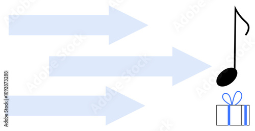 Three light blue arrows all pointing towards a musical note and a gift box tied with a blue ribbon. Ideal for concepts of direction, music, giving, guidance, goals, navigation, and celebration. Line