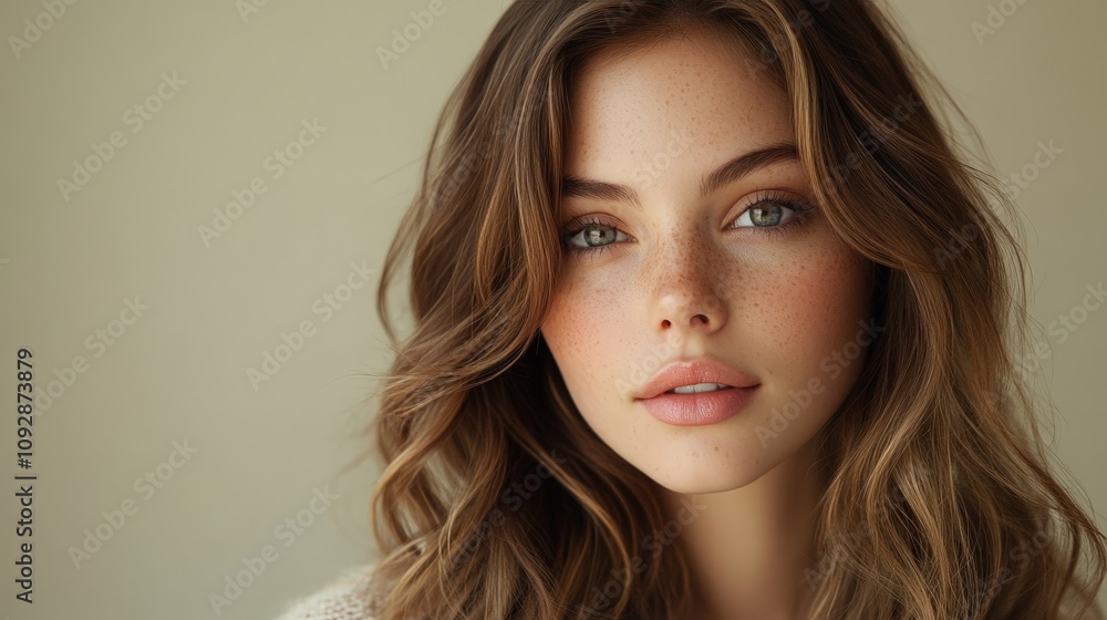 Portrait of Woman with Wavy Brunette Hair and Subtle Makeup Portrait of Woman with Wavy Brunette Hair and Subtle Makeup