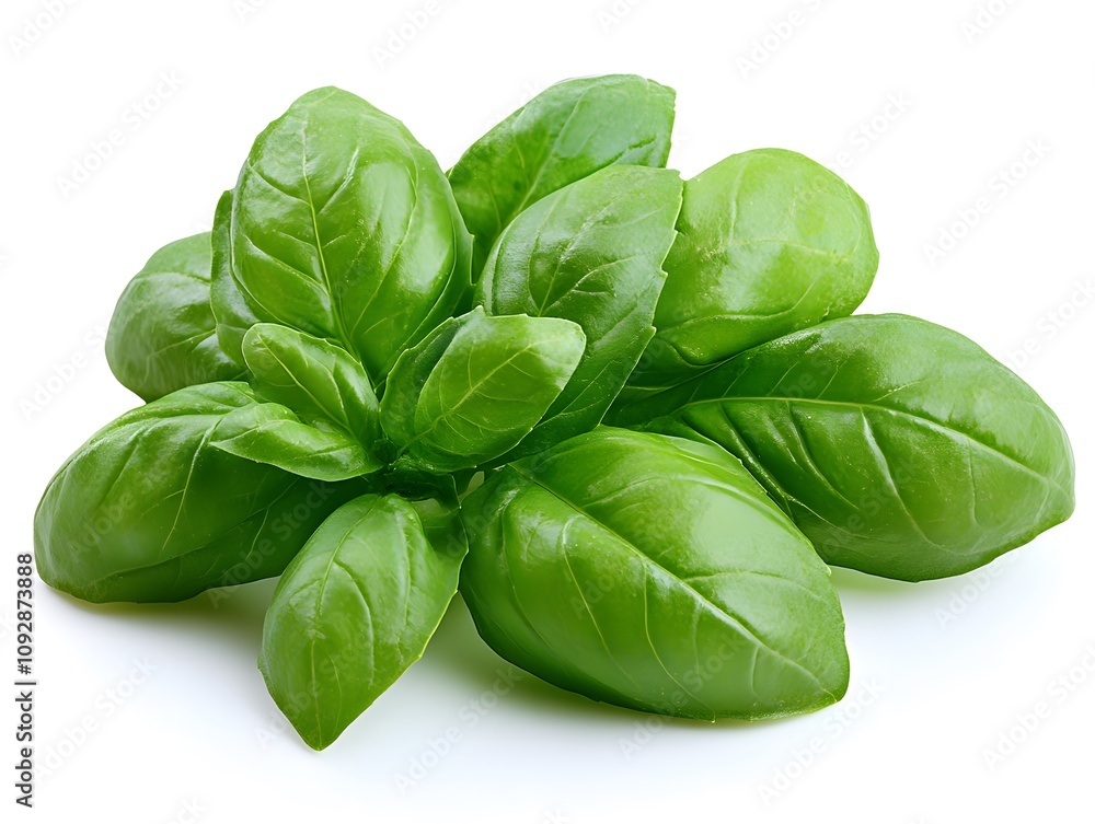 Fototapeta premium Basil, a culinary herb of the family Lamiaceae, a tender plant, used in cuisines worldwide, on white background.
