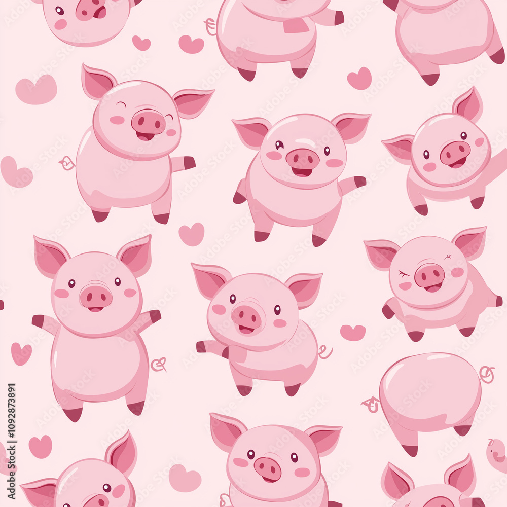 Cute Pink Cartoon Pig Pattern with Seamless Design and Love Hearts Cute Pink Cartoon Pig Pattern with Seamless Design and Love Hearts