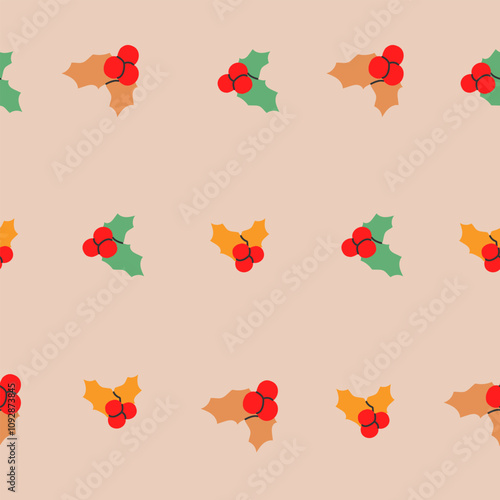 Christmas holly berry seamless pattern for gift wrapping paper.Mistletoe background.Winter holiday decorations with red berries.Modern trendy style.Xmas texture.Vector illustration EPS 10