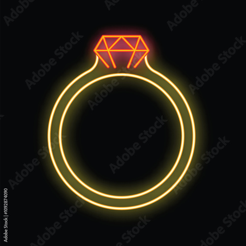 Neon sign showing an engagement ring with a big diamond on a black background