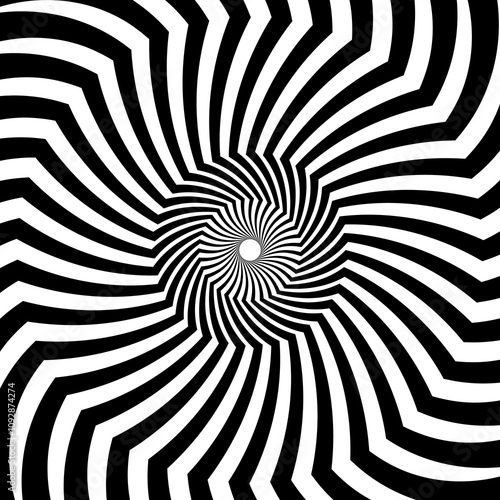 Psychedelic hypnosis swirls or hypnotic spiral pattern with illusion effect, vector background. Hypnotic tunnel vortex with spiral rotating lines and twirls or black white wave psychedelic pattern