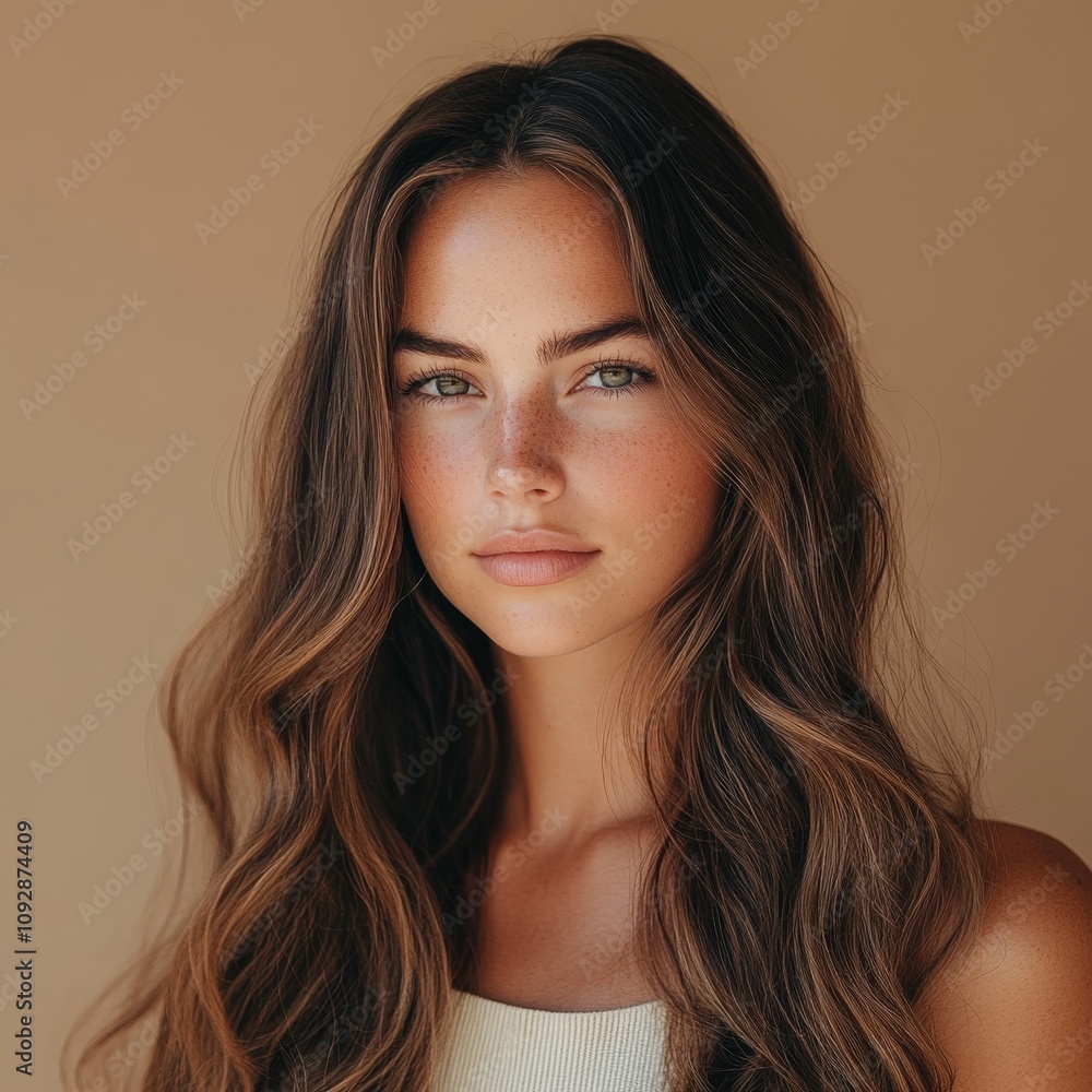 Portrait of Woman with Wavy Brunette Hair and Subtle Makeup Portrait of Woman with Wavy Brunette Hair and Subtle Makeup