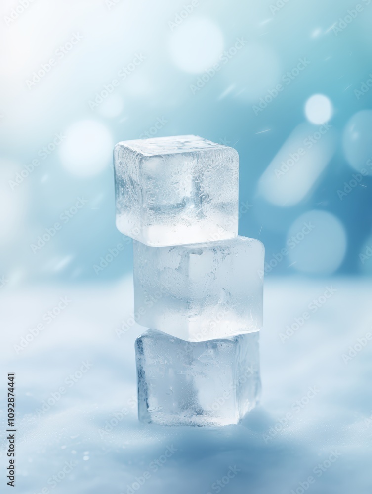 Three ice cubes stacked on a snowy backdrop Three ice cubes stacked on a snowy backdrop