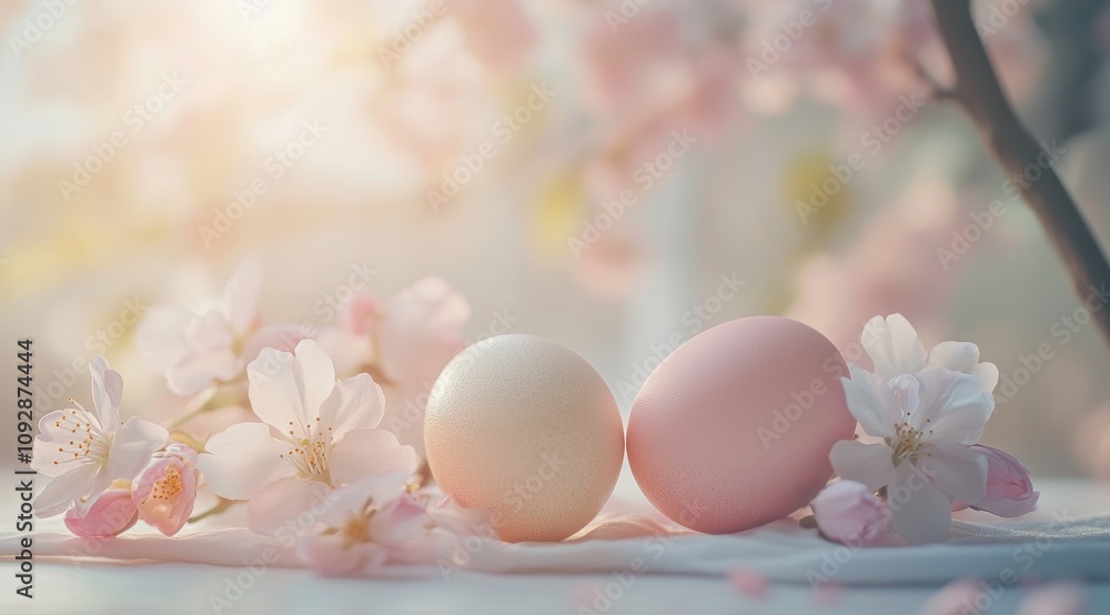 Easter eggs on a table with pastel-colored cherry blossoms Easter eggs on a table with pastel-colored cherry blossoms