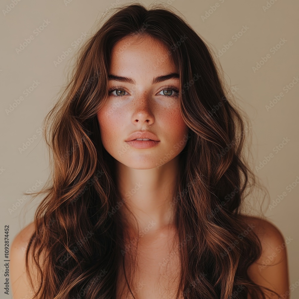 Portrait of Woman with Wavy Brunette Hair and Subtle Makeup Portrait of Woman with Wavy Brunette Hair and Subtle Makeup
