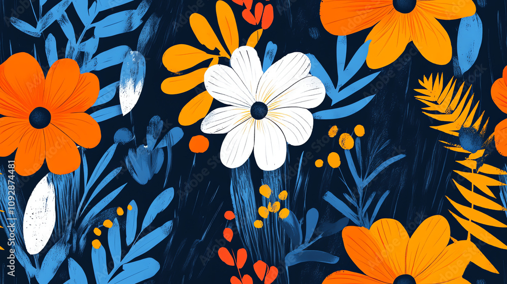 Bold floral seamless pattern on navy background Bold floral seamless pattern on navy background