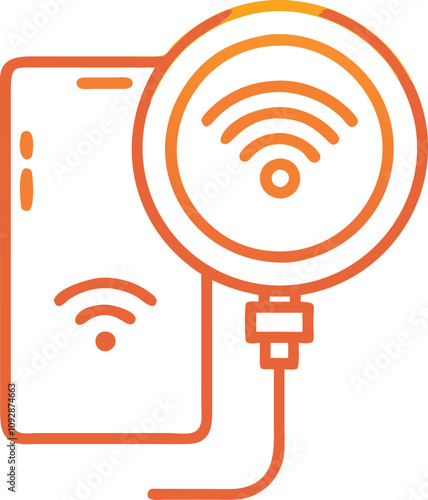 Outline Icon of Smartphone and Wireless Charger, Orange gradient line illustration of a smartphone and wireless charging pad connected by a cable, symbolizing modern technology and connectivity.
