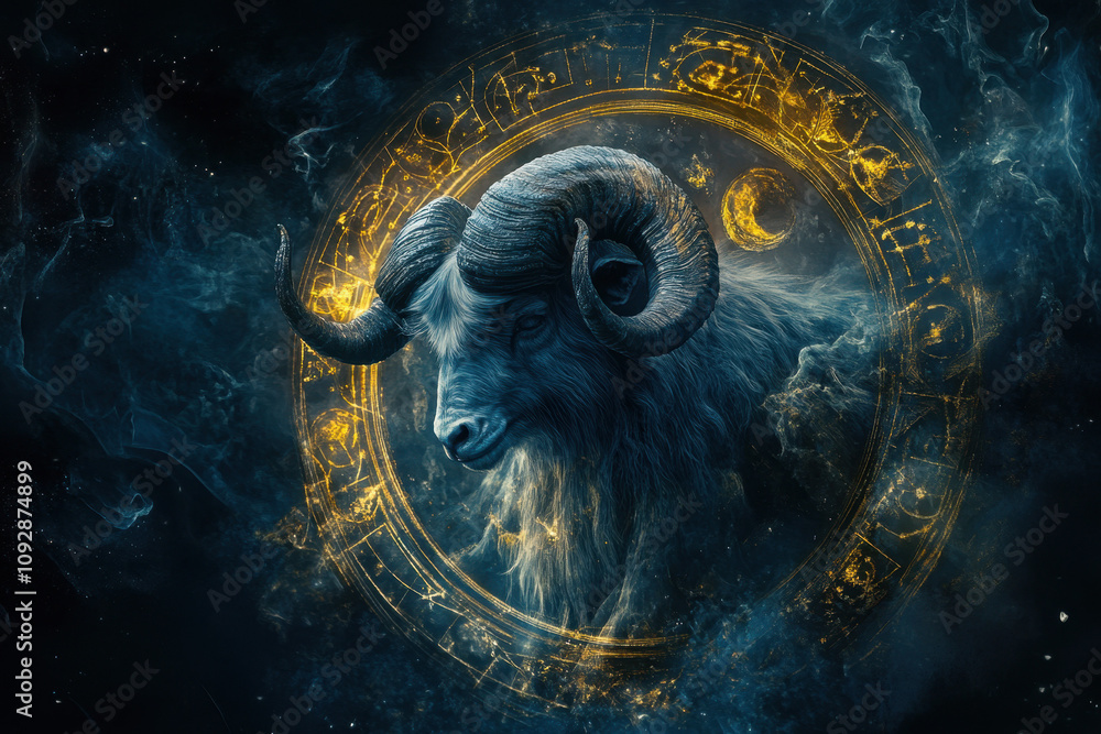 A mystical ram with large horns emerges from a cosmic background ...