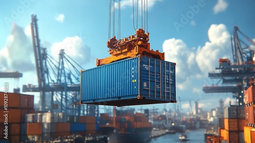 Container being lifting by terminal crane under blue sky