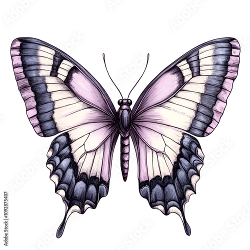 beautiful vintage hand drawn butterfly, cobalt blue, Mauve, charcoal, clipart, white background photo