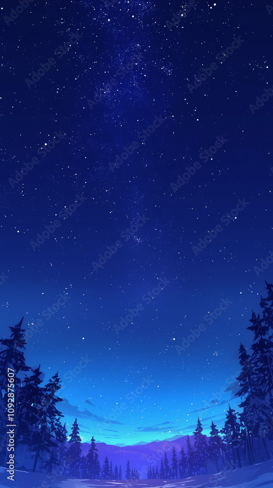 Landscape with pine forest, starry night sky, northern lights, banner copy space, Happy New Year and Merry Christmas Landscape with pine forest, starry night sky, northern lights, banner copy space, Happy New Year and Merry Christmas