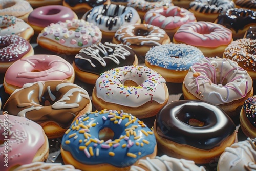 A colorful assortment of glazed donuts with various toppings, showcasing a delightful bakery treat.