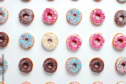 A delightful arrangement of assorted donuts, showcasing various colors and toppings.