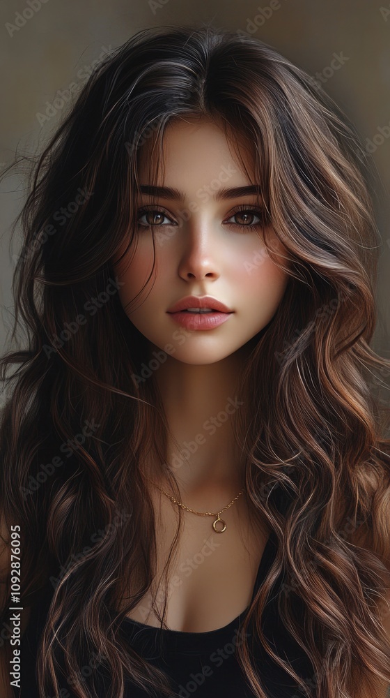 Fototapeta premium Portrait of a Woman with Wavy Brunette Hair