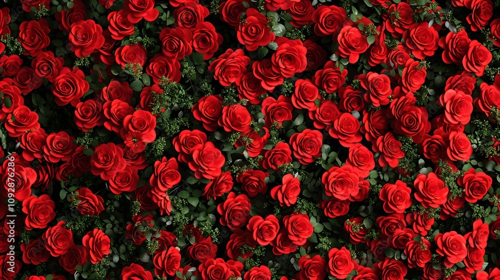 A vibrant arrangement of red roses with greenery, creating a lush floral backdrop.