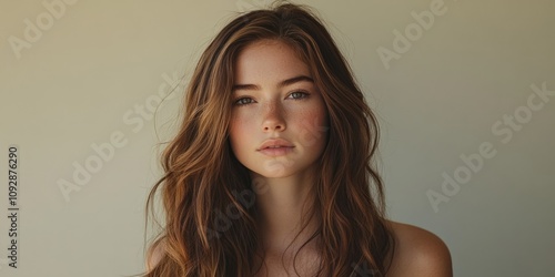 Portrait of Woman with Wavy Brunette Hair and Subtle Makeup